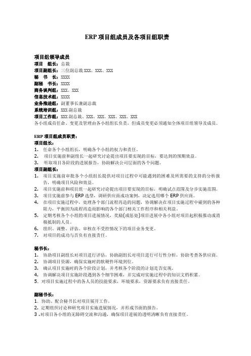 XXXX集团ERP项目组成员及各项目组职责