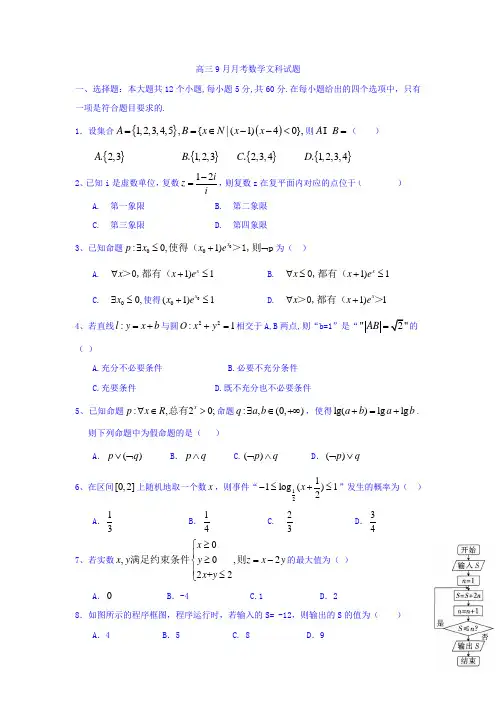 四川省眉山中学2018届高三9月月考数学文试题 含答案 精品