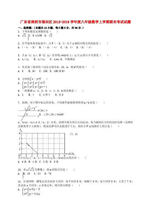 广东省深圳市福田区八年级数学上学期期末考试试题(含解析) 新人教版