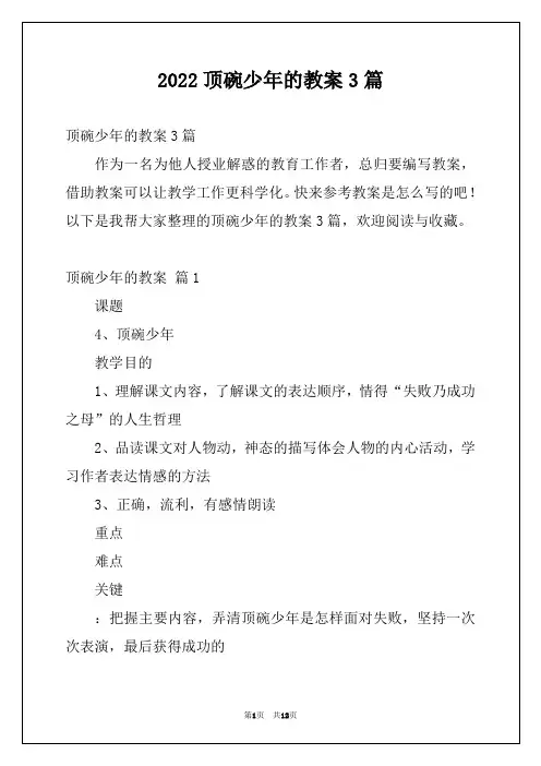 2022顶碗少年的教案3篇