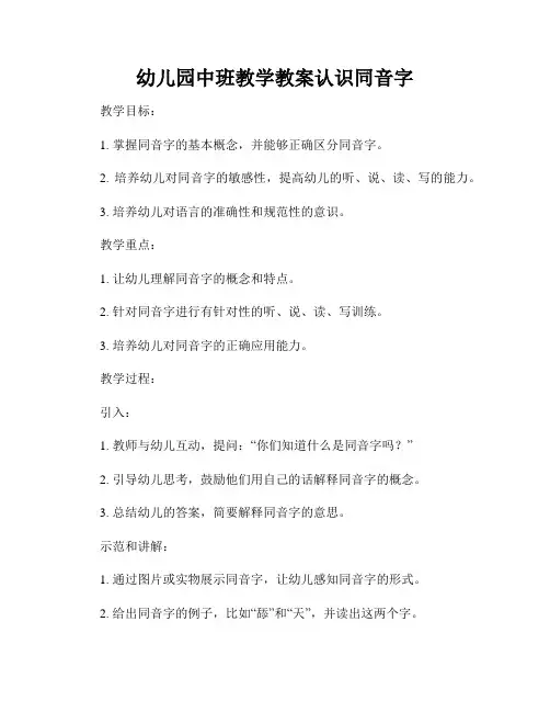 幼儿园中班教学教案认识同音字