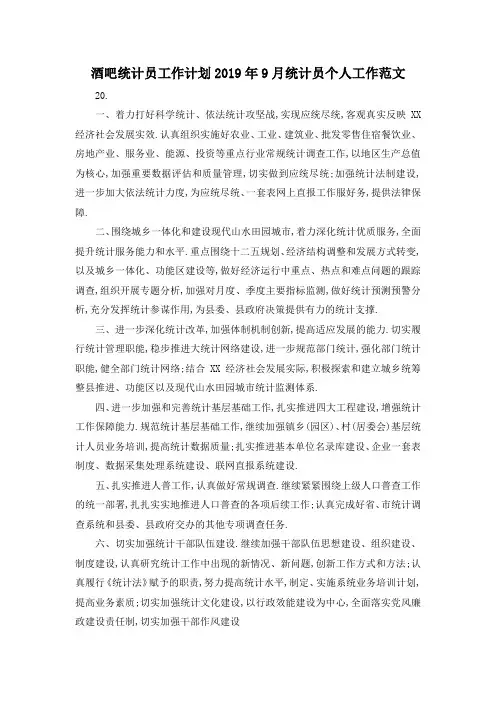 最新-酒吧统计员工作计划 2019年9月统计员个人工作范文 精品