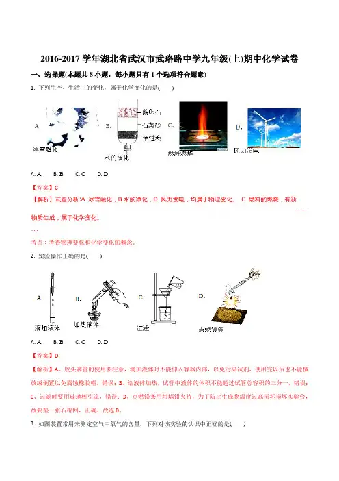 湖北省武汉市武珞路中学2016-2017学年九年级(上)期中化学试卷(解析版)