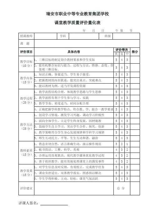 课堂教学质量评价量化表