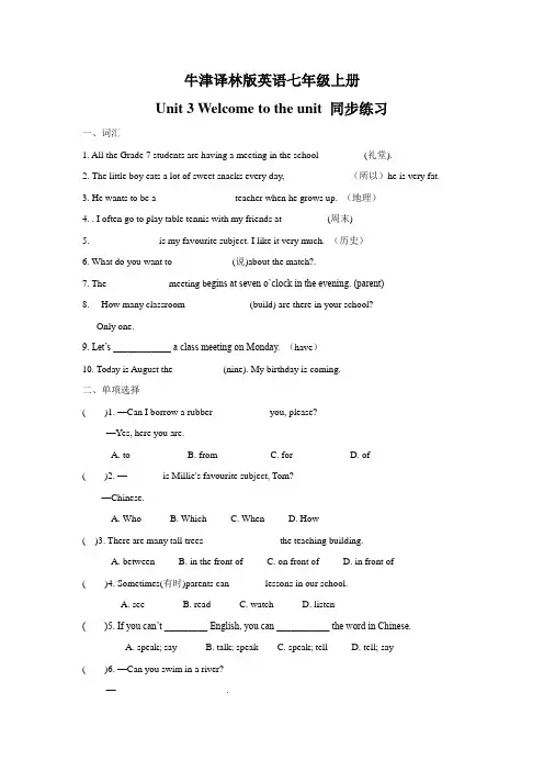 Unit 3  同步练习 2023-2024学年牛津译林版英语七年级上册
