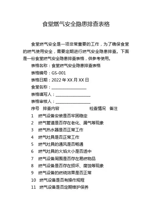 食堂燃气安全隐患排查表格