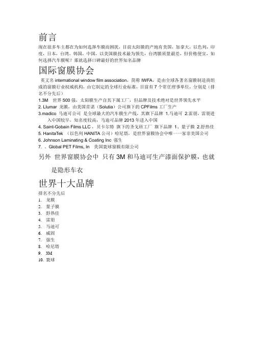 国际窗膜协会及汽车膜十大品牌
