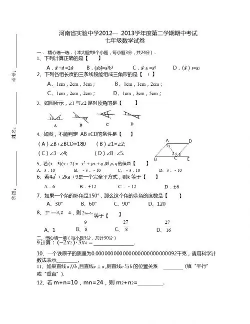 河南省实验中学2012-2013学年七年级下数学期中考试试卷