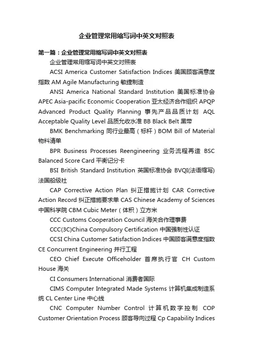 企业管理常用缩写词中英文对照表