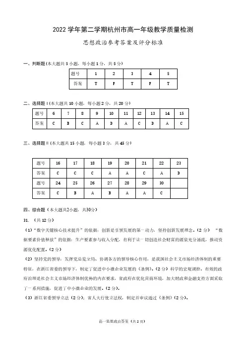 2022学年第二学期杭州市高一年级教学质量检测思想政治参考答案及评分标准