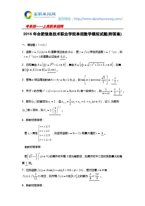 2016年合肥信息技术职业学院单招数学模拟试题(附答案)
