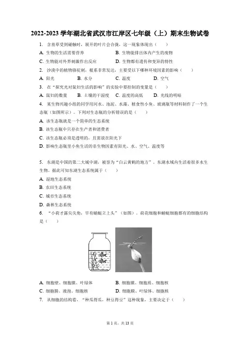 2022-2023学年湖北省武汉市江岸区七年级(上)期末生物试卷(附答案详解)