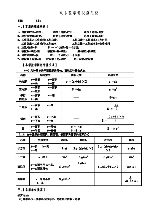 苏教版六下数学知识点汇总