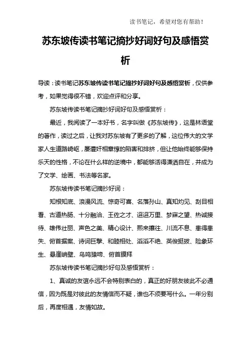 苏东坡传读书笔记摘抄好词好句及感悟赏析