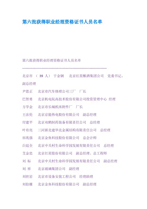第六批获得职业经理资格证书人员名单