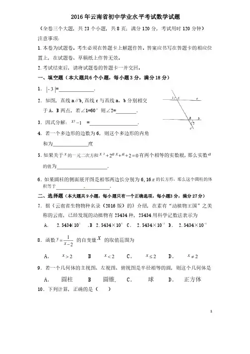 （历年中考）云南省中考试题数学含答案