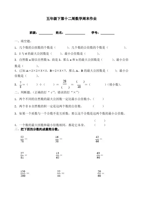 五年级下册数学试题：第12周周末作业(无答案,人教版)