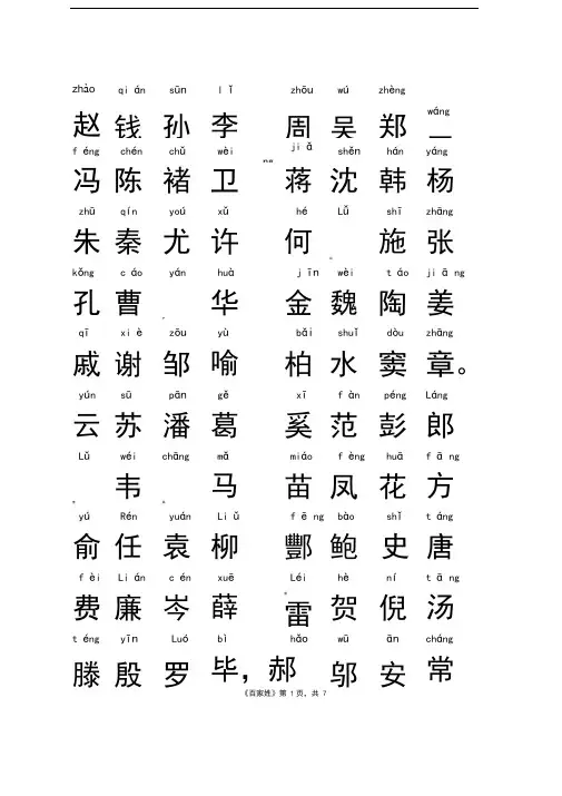 《百家姓》全文带拼音-楷体完美打印版-少儿启蒙