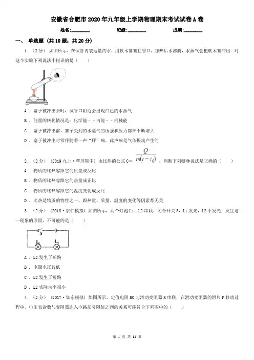安徽省合肥市2020年九年级上学期物理期末考试试卷A卷