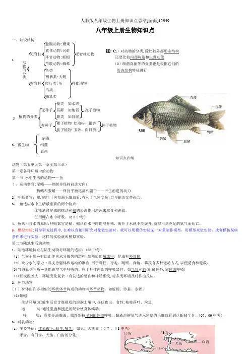 人教版八年级生物上册知识点总结(全面)12949