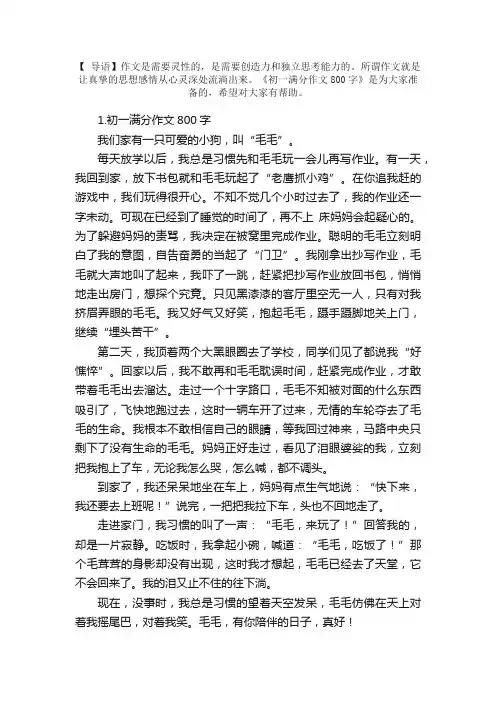初一满分作文800字范文（五篇）