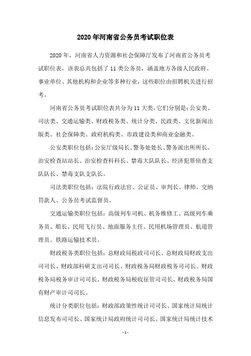 2020年河南省公务员考试职位表