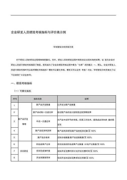 企业研发部门绩效考核指标与示例