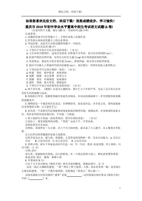 重庆市2019年中考语文真题试题(A卷)