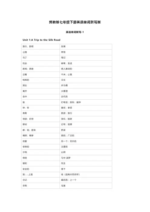 冀教版七年级下册英语单词默写表