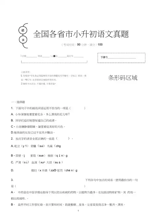 【小升初】2020年山东省威海市小升初语文毕业会考试题含答案(全网唯一)
