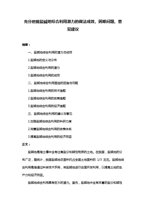 充分挖掘盐碱地综合利用潜力的做法成效、困难问题、意见建议