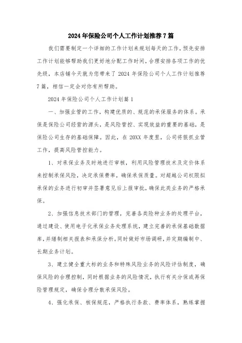 2024年保险公司个人工作计划推荐7篇