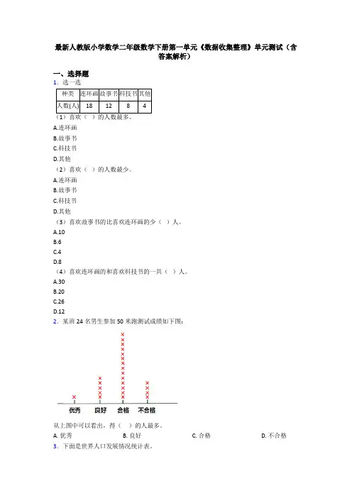 最新人教版小学数学二年级数学下册第一单元《数据收集整理》单元测试(含答案解析)