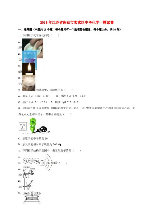 江苏省南京市玄武区2016届中考化学一模试题(含解析)