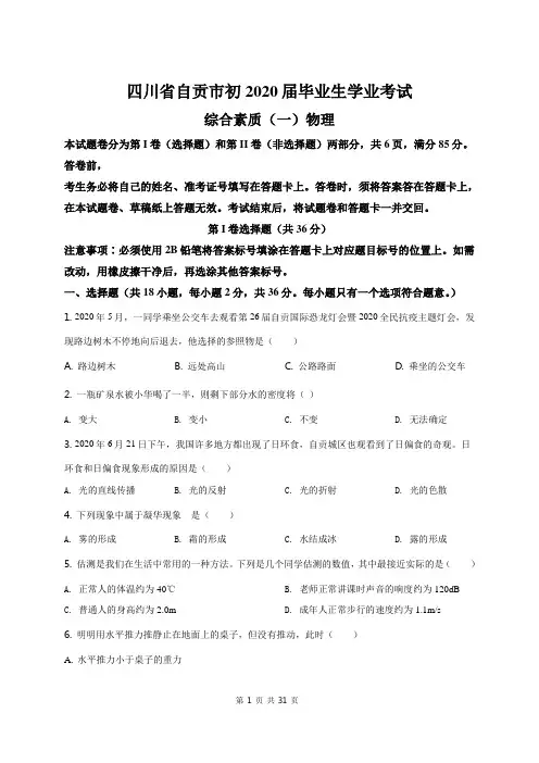 2020年四川省自贡市中考物理试题(原卷+解析)