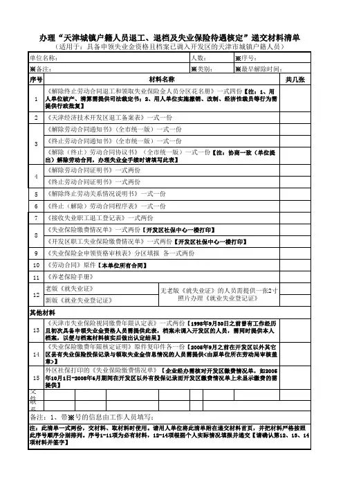 办理“天津城镇户籍人员退工、退档及失业保险待遇核定”递交材料清单