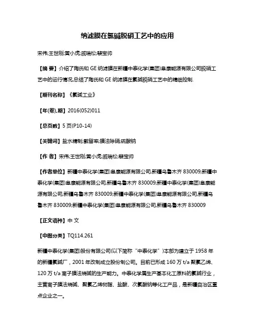 纳滤膜在氯碱脱硝工艺中的应用