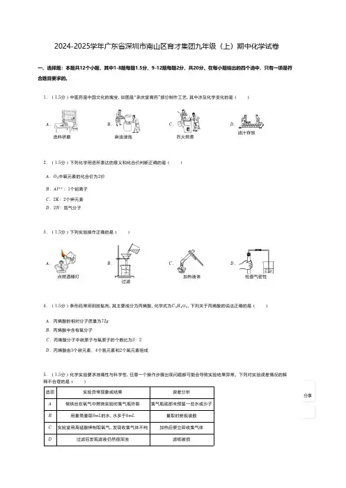 初中化学 人教2024版习题2024-2025学年广东省深圳市南山区育才集团九年级(上)期中化学试卷