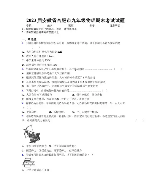 最新2023届安徽省合肥市九年级物理期末考试试题及解析