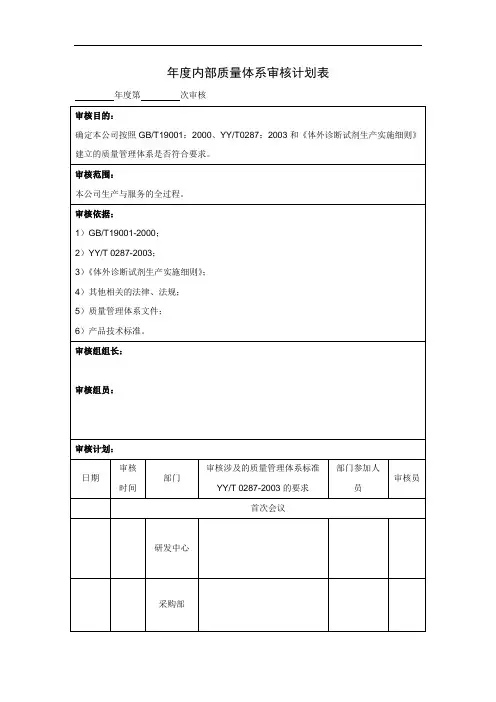 年度内部质量体系审核计划表