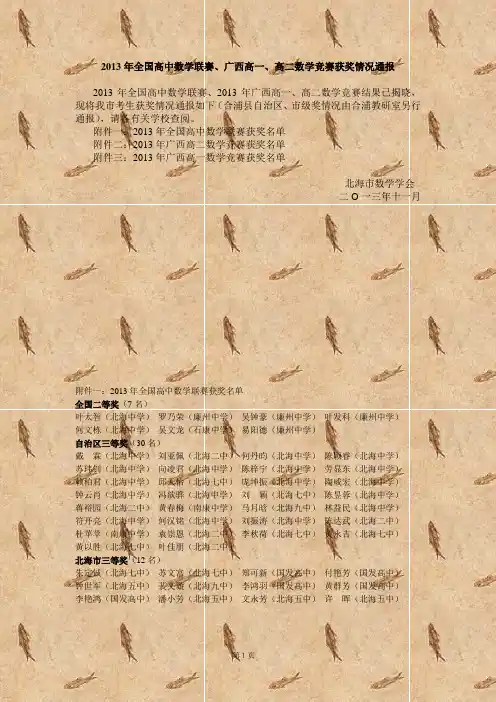 2013年全国高中数学联赛、广西高一、高二数学竞赛获奖情况