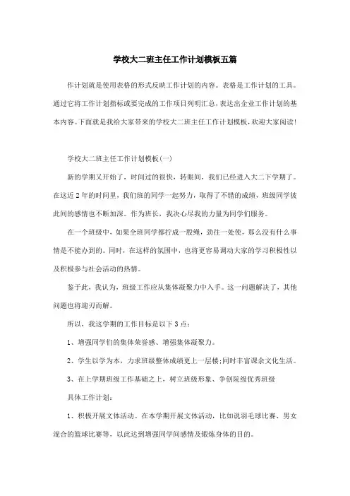 学校大二班主任工作计划模板五篇
