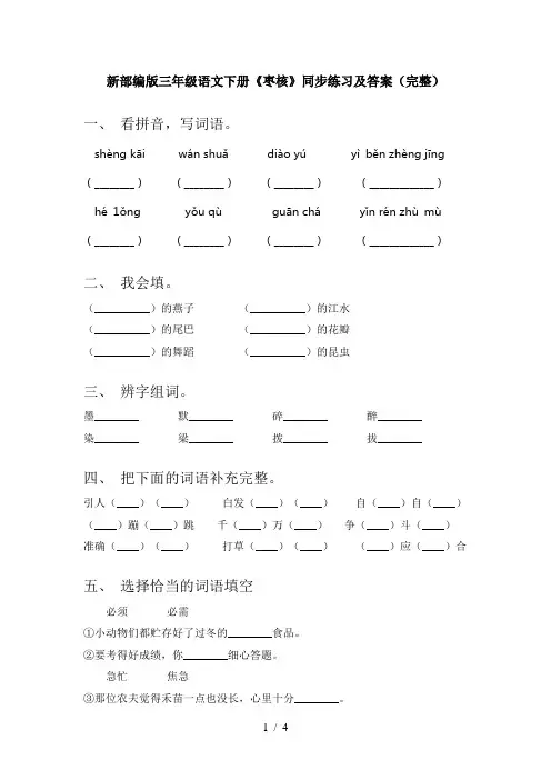 新部编版三年级语文下册《枣核》同步练习及答案(完整)