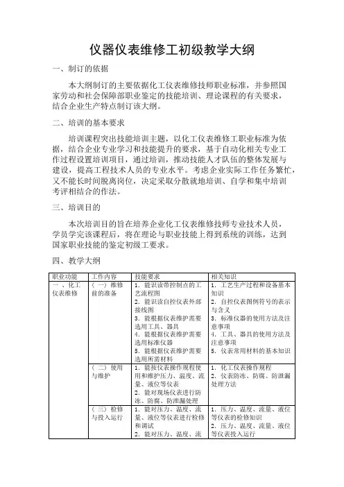 仪器仪表维修工培训教学大纲