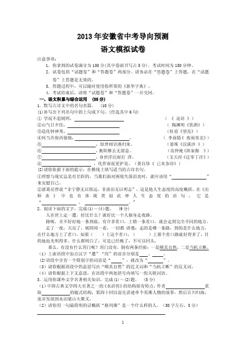 2013年安徽省中考语文导向预测模拟试卷