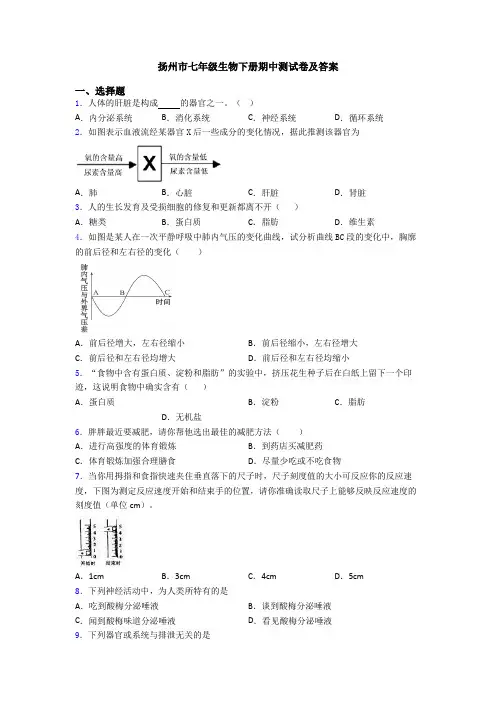 扬州市七年级生物下册期中测试卷及答案