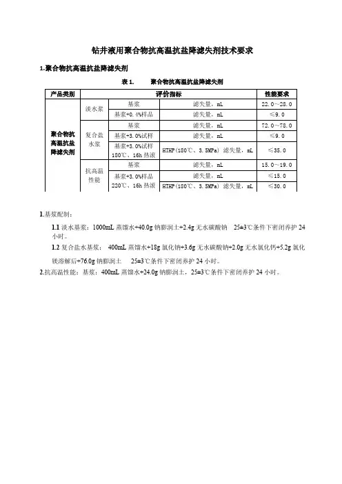 钻井液用聚合物抗高温抗盐降滤失剂技术要求