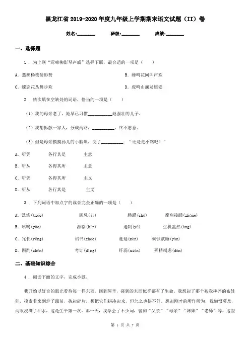 黑龙江省2019-2020年度九年级上学期期末语文试题(II)卷 (2)