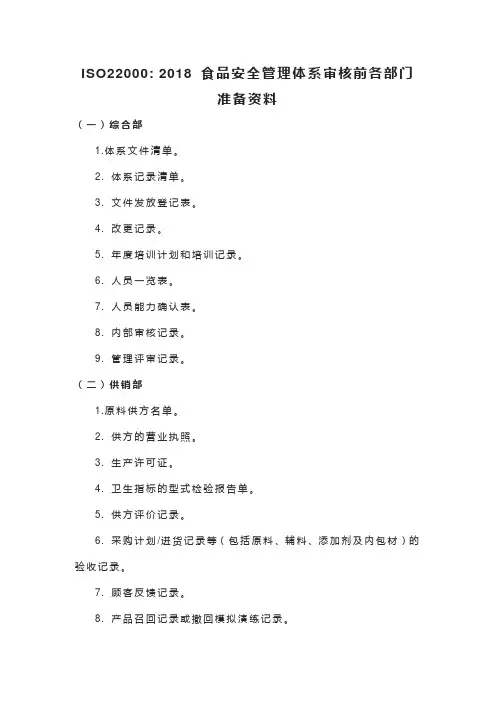 ISO22000食品安全管理体系审核前各部门准备资料