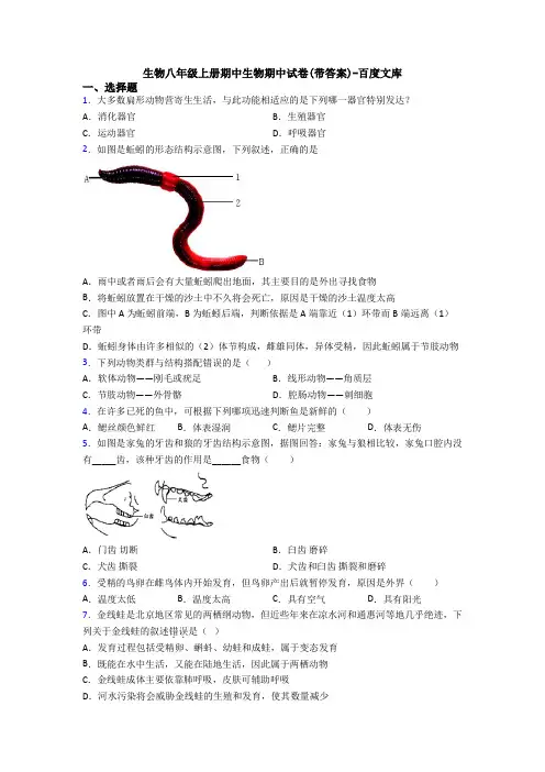 生物八年级上册期中生物期中试卷(带答案)-百度文库